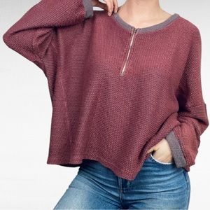 Vintage Havana | Muted Berry Textured Half Zip Drop Sleeve Oversized Pullover